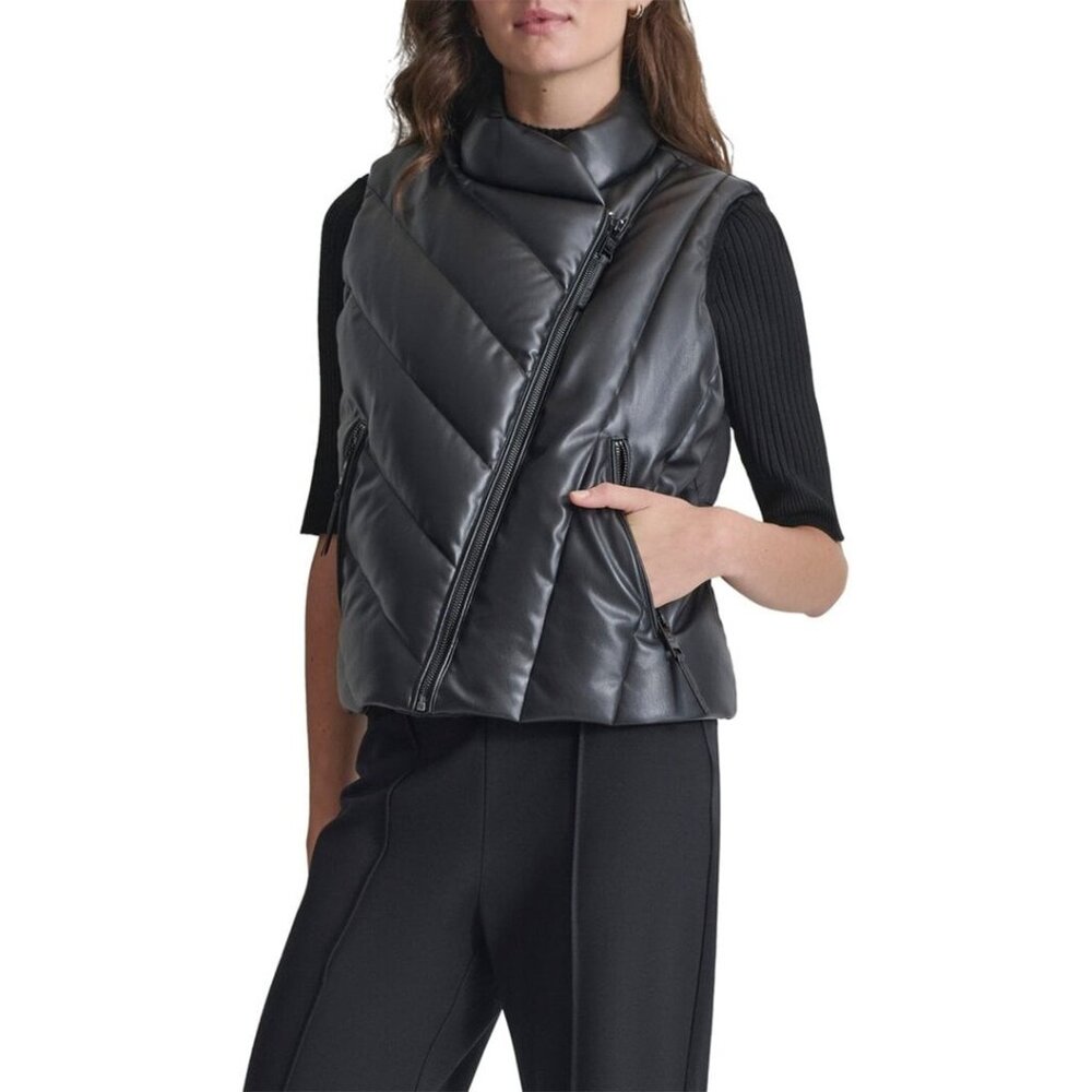 DKNY womens Asymmetrical Zip Puffer Vest, Size XL, Black MSRP $129